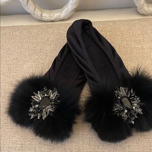 isotoner Black Jeweled Fur Pom Slipper Scuffs